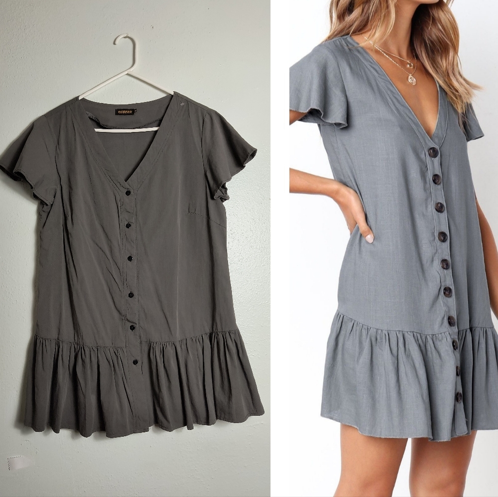 Reborn XL Drop Waist Babydoll Dress Grey XL V-neckline Button-down Front Flutter